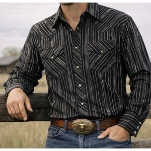Wrangler Western Shirt Mens Large NWT Black Silver Metallic Striped Pearl Snap